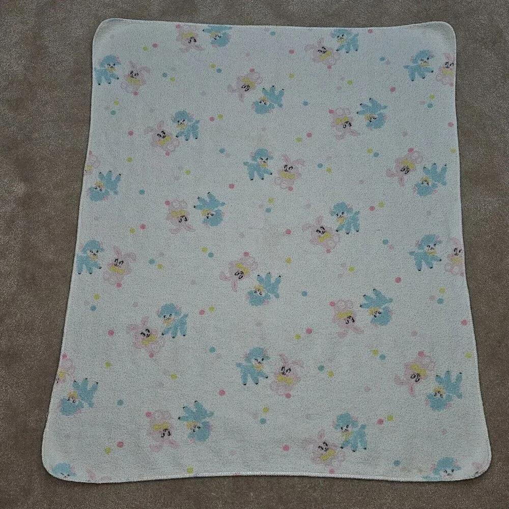 3 VTG Receiving Blankets Lot Blue Sheep Lambs Pink Bunny Rabbits Polka Dot